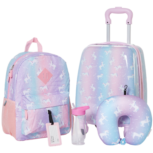 Girls Unicorn Rolling Suitcase Set with Backpack, Neck Pillow, Water Bottle, and Luggage Tag