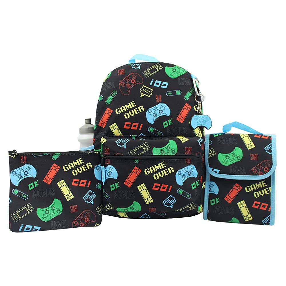 Gaming Backpack Set for Kids, 16 inch, 6 Pieces - Includes Foldable Lunch Bag, Water Bottle, Key Chain, & Pencil Case