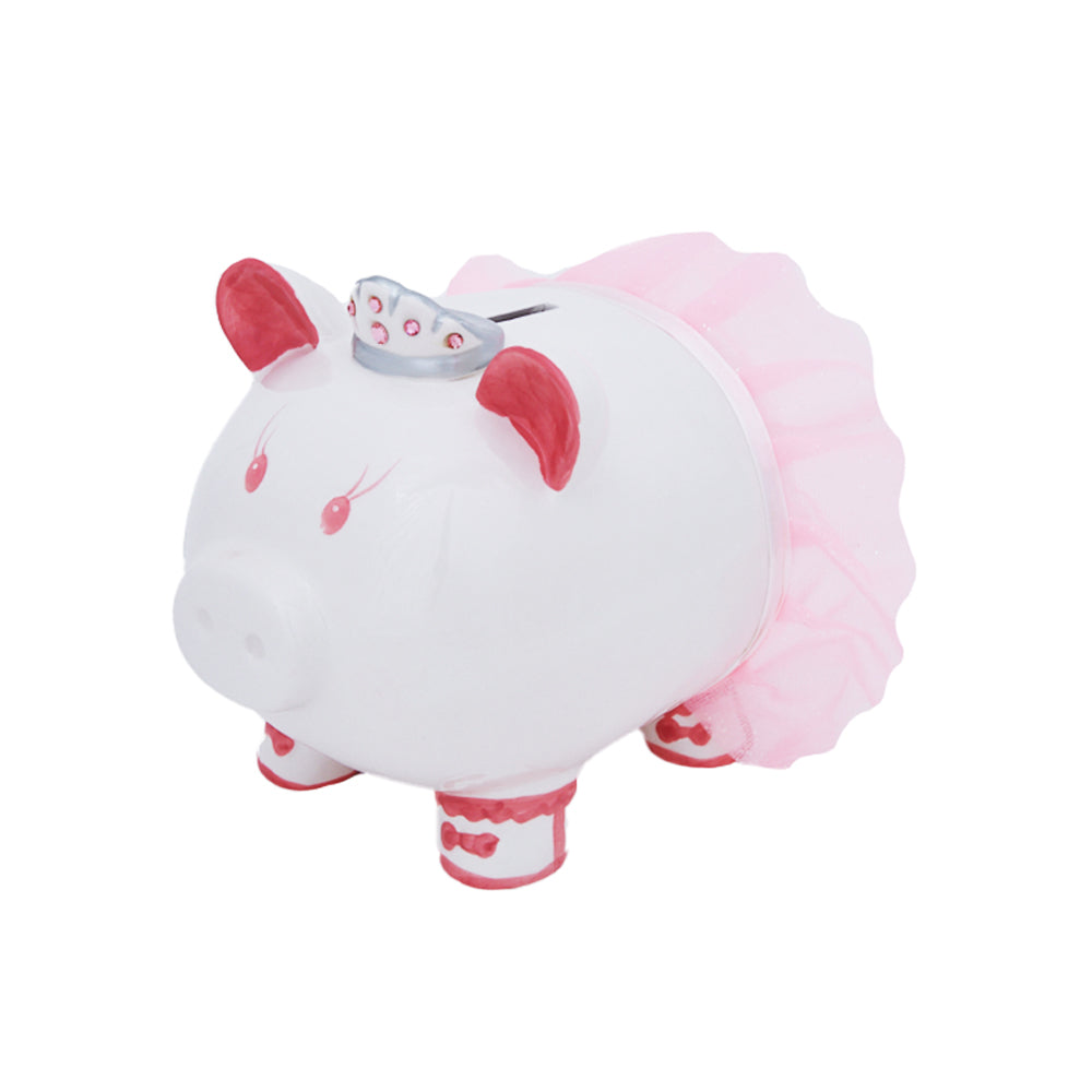 Princess Ballerina Porcelain Piggy Bank for Girls with Swarovski Crystal Crown & Pink Tutu, with Rubber Stopper