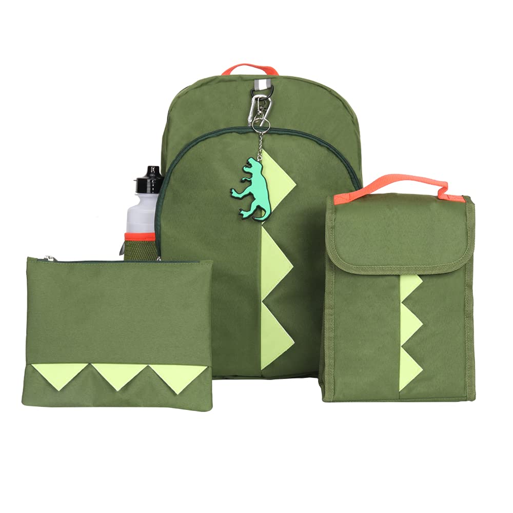Dinosaur Backpack Set for Kids, 16 inch, 6 Pieces - Includes Foldable Lunch Bag, Water Bottle, Key Chain, & Pencil Case