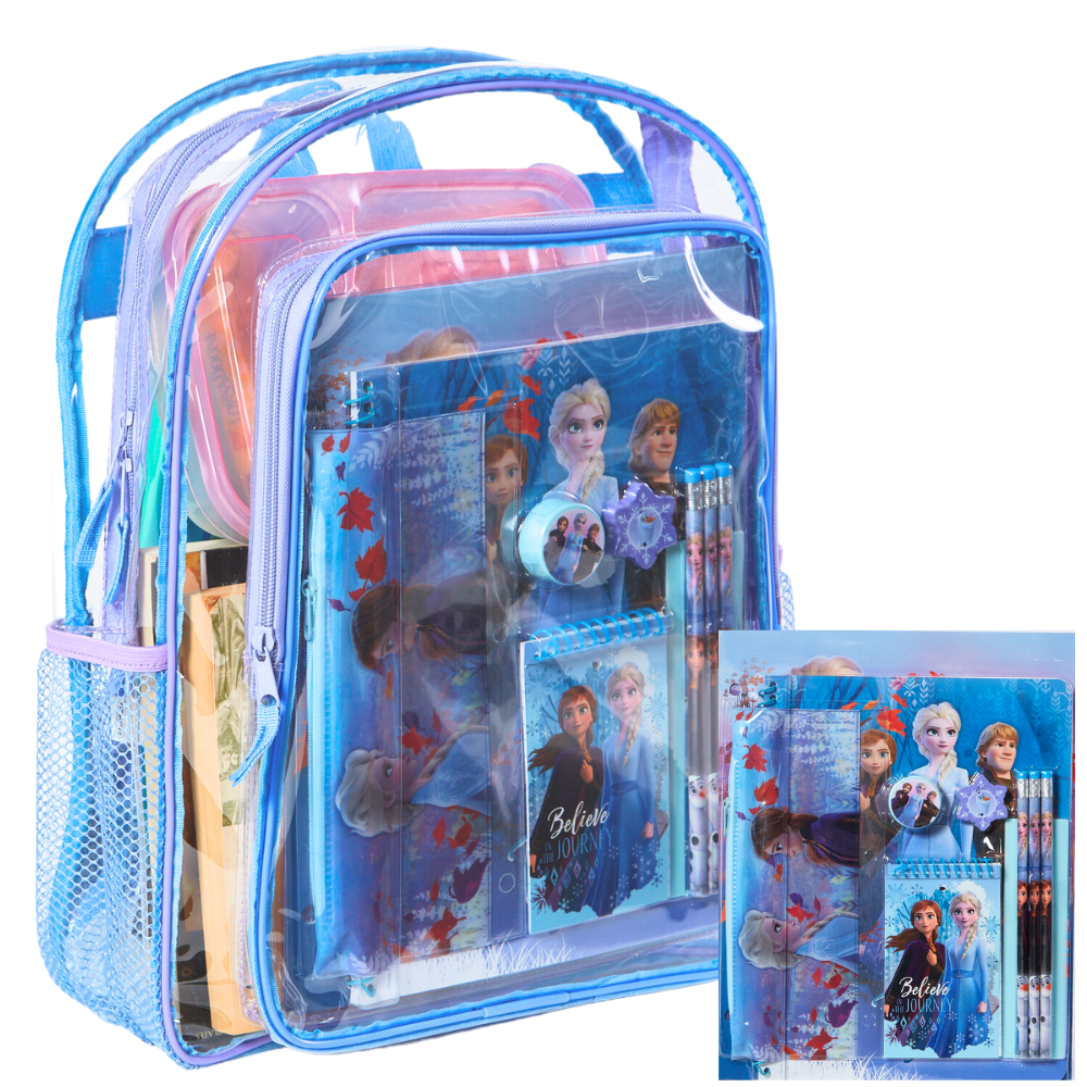 Large Clear Backpack for Kids with Disney Frozen School Supplies Set, 16 inch Stadium Approved Transparent Bag, Purple