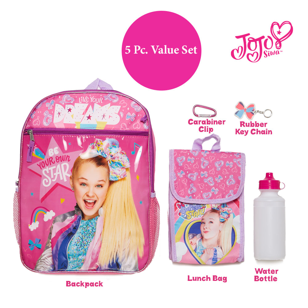 Jojo Siwa Girls Backpack with Lunch Bag and Water Bottle 5 Piece Set Pink