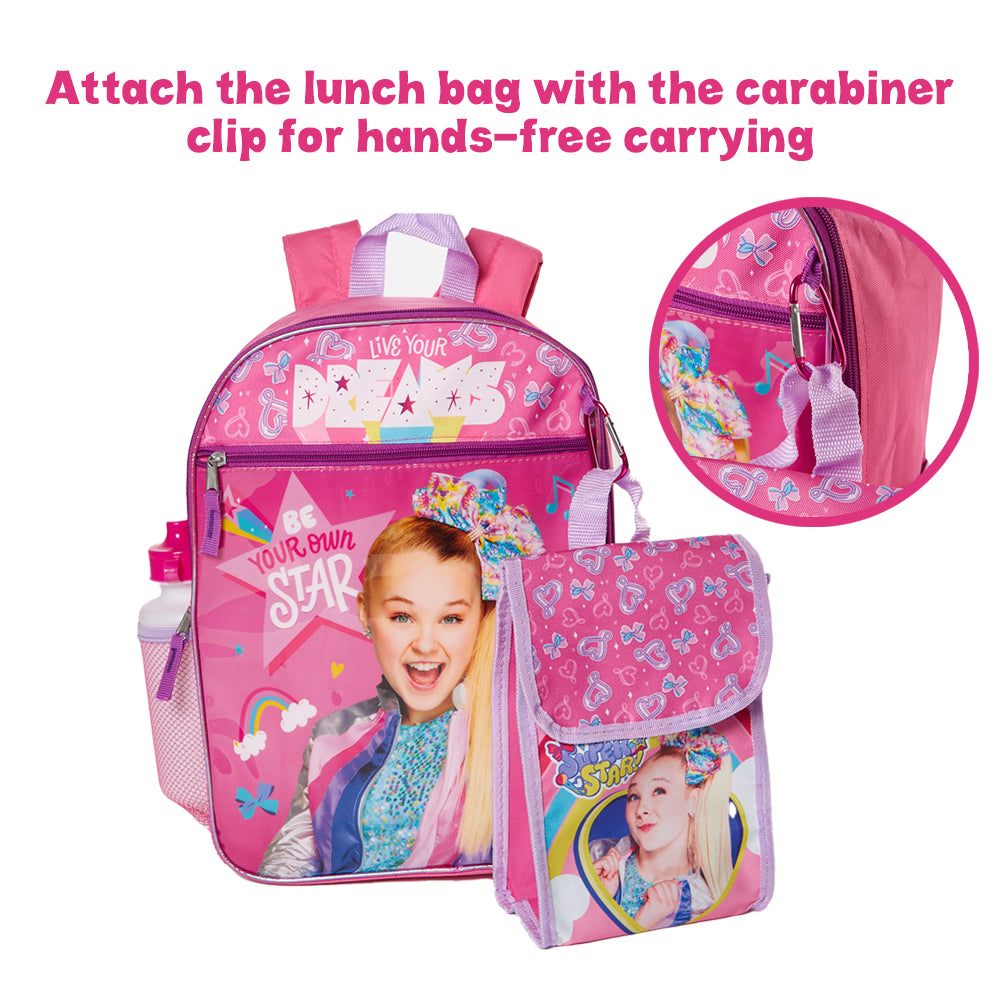 Jojo Siwa Girls Backpack with Lunch Bag and Water Bottle 5 Piece Set Pink