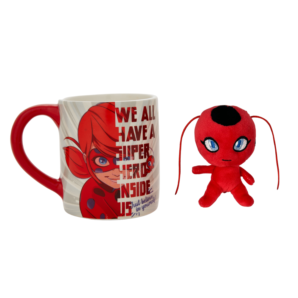 Miraculous Ladybug Mug with Plush Mini Toy, 12 oz. Ceramic Tea or Coffee Cup Gift
