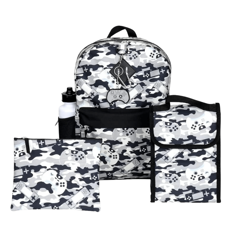 Grey Gaming Camo Backpack Set for Boys & Girls, 16 inch, 6 Pieces - Includes Foldable Lunch Bag, Water Bottle, Key Chain, & Pencil Case