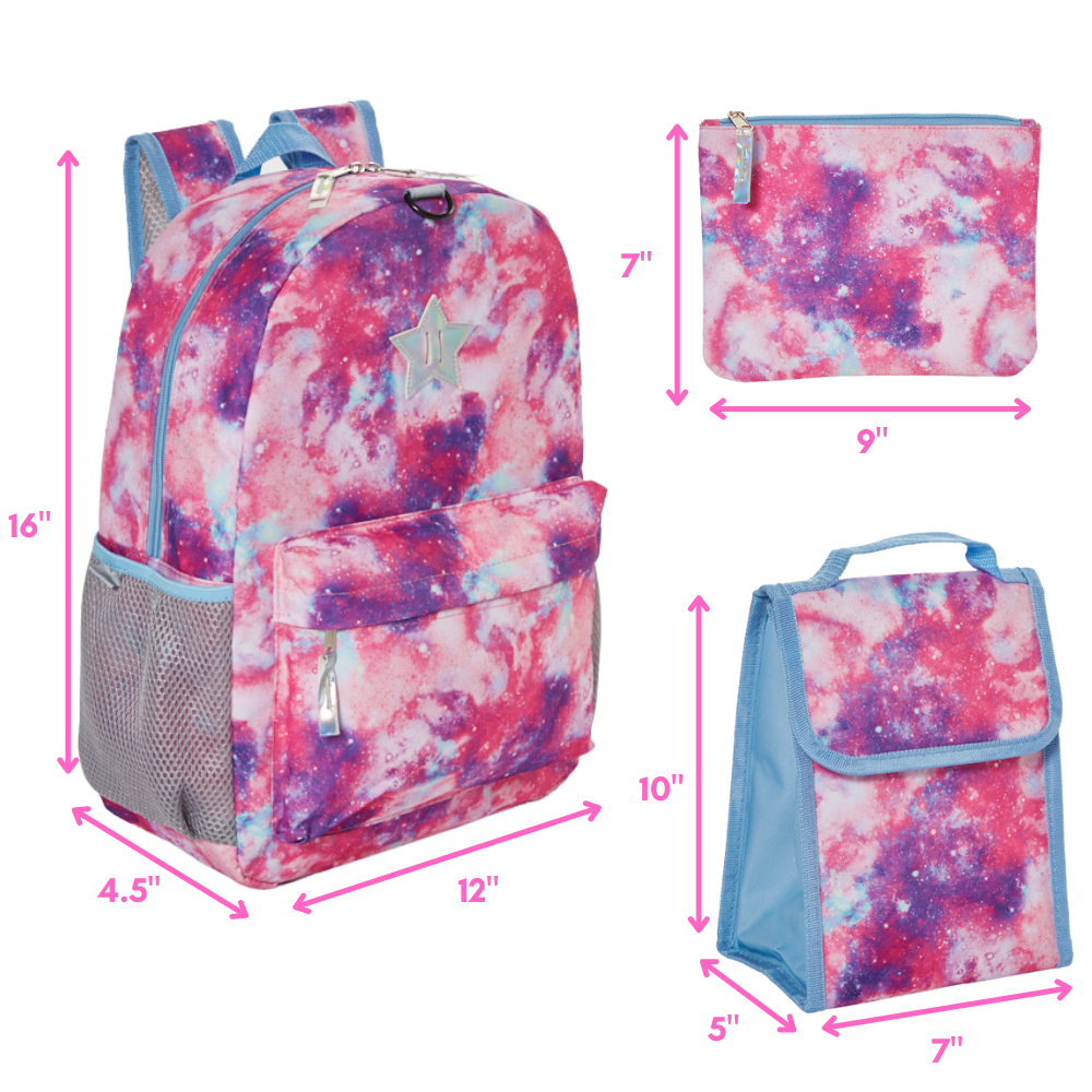 Pink Galaxy Backpack Set for Girls, 16 inch, 6 Pieces - Includes Foldable Lunch Bag, Water Bottle, Scrunchie, & Pencil Case