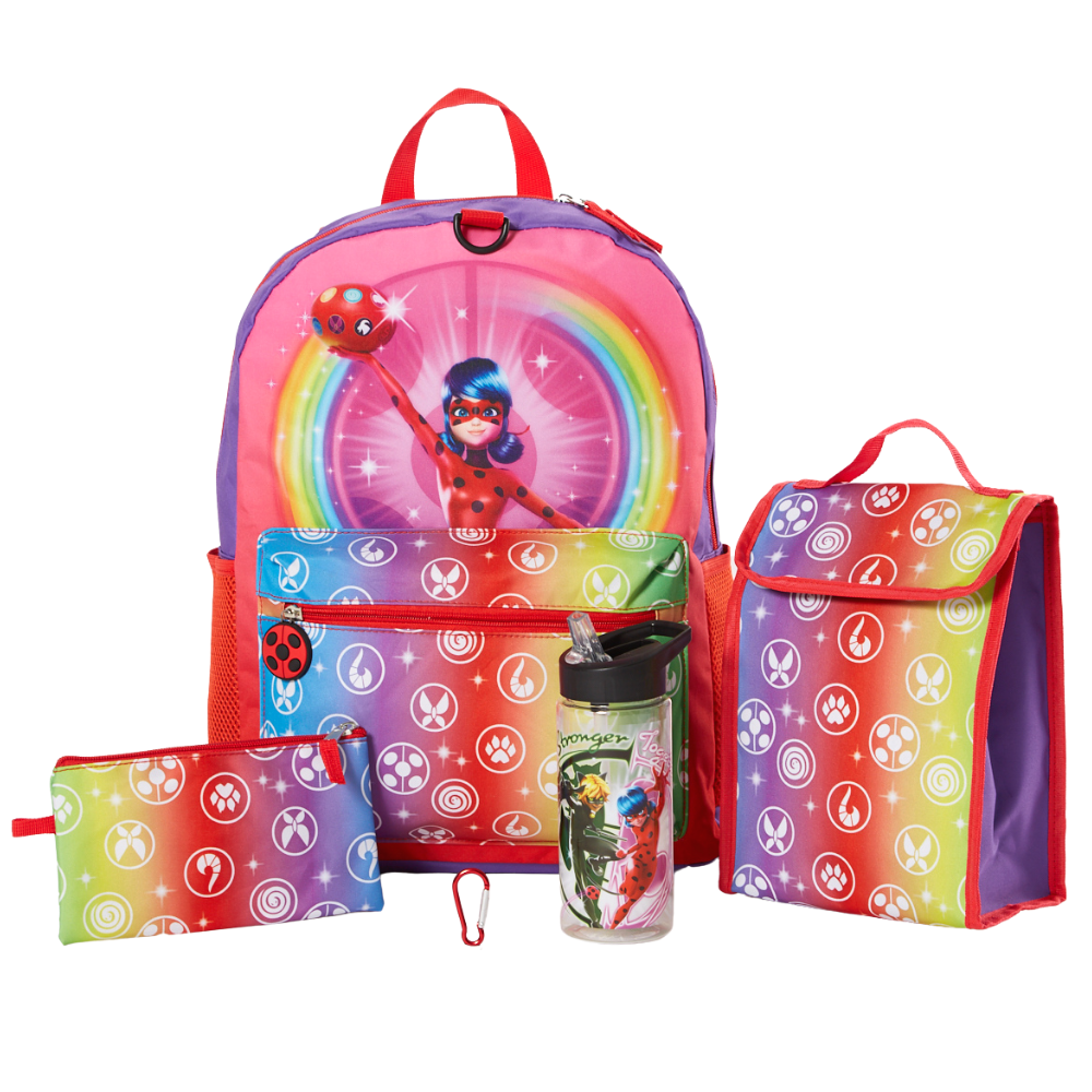 Miraculous Ladybug Backpack Set with Lunch Bag for Girls, 16 inch, 5 Piece Value Set, Rainbow
