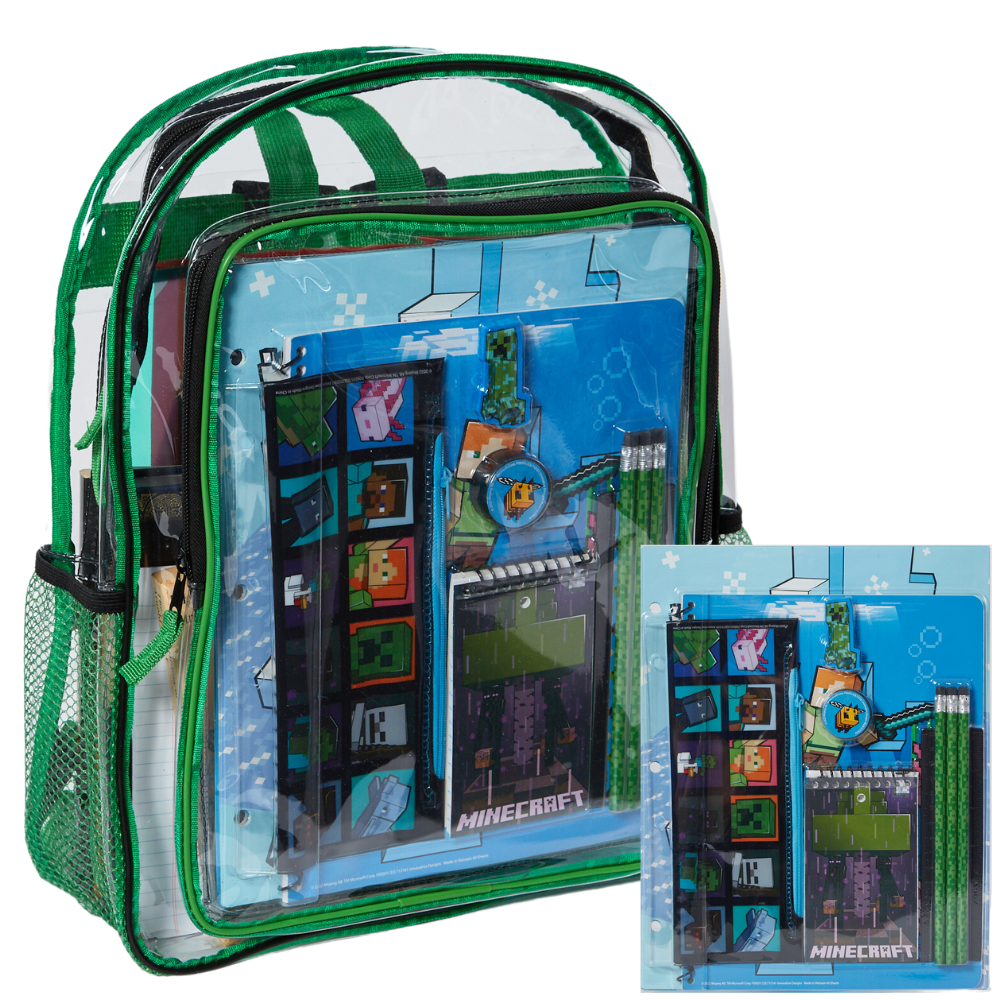 RALME Large Clear Backpack for Kids with Minecraft School Supplies Set, 16 inch Stadium Approved Transparent Bag, Green