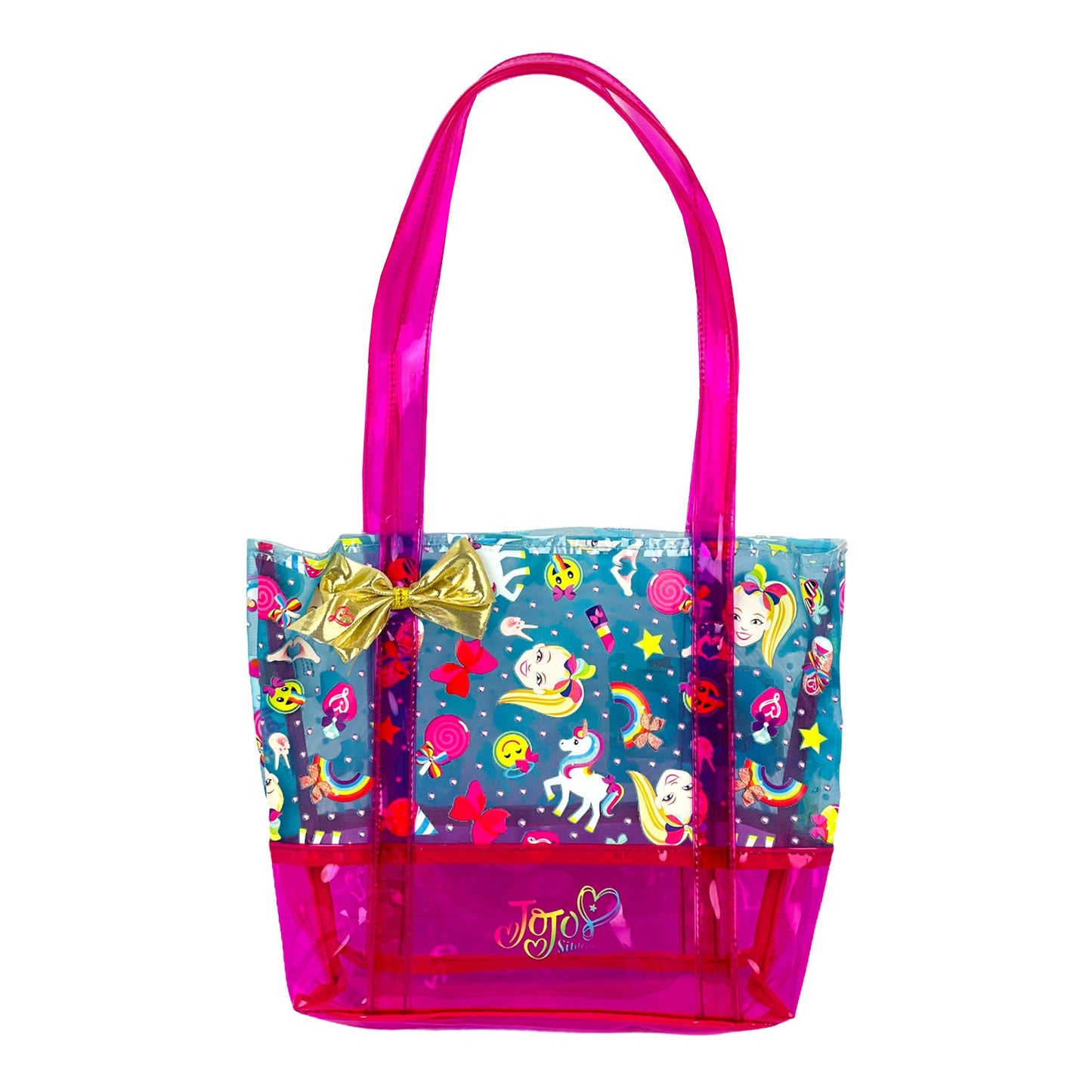 Nickelodeon JoJo Siwa Tote Beach Bag for Girls, Transparent Pink & Vinyl Mesh with Gold Metallic Bow