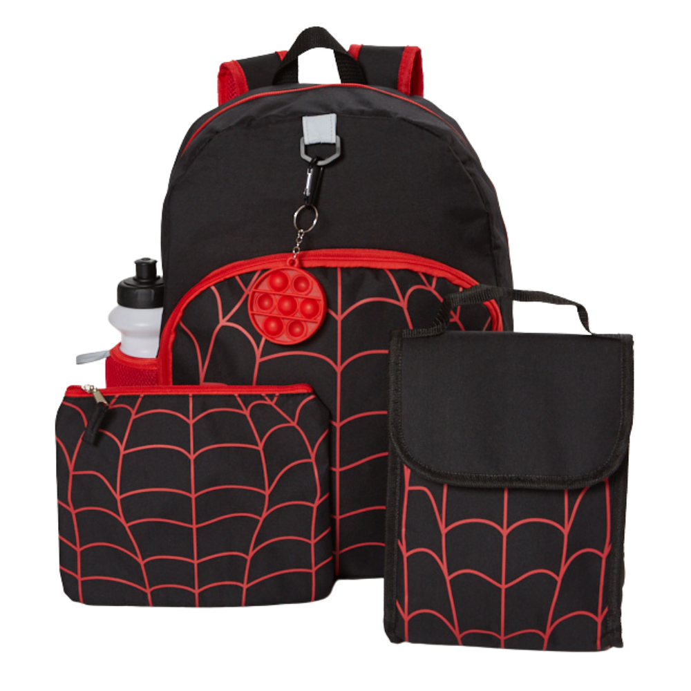 Spiderweb Backpack Set for Boys, 16 inch, 6 Pieces with Foldable Lunch Bag, Water Bottle, Pencil Case, Pop It Key Chain, and Carabiner Clip