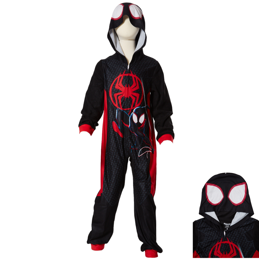 Marvel Spiderman Onesie Pajamas for Kids, Miles Morales Hooded Plush Spiderman Costume or Sleeper Zipper Front, Size 8