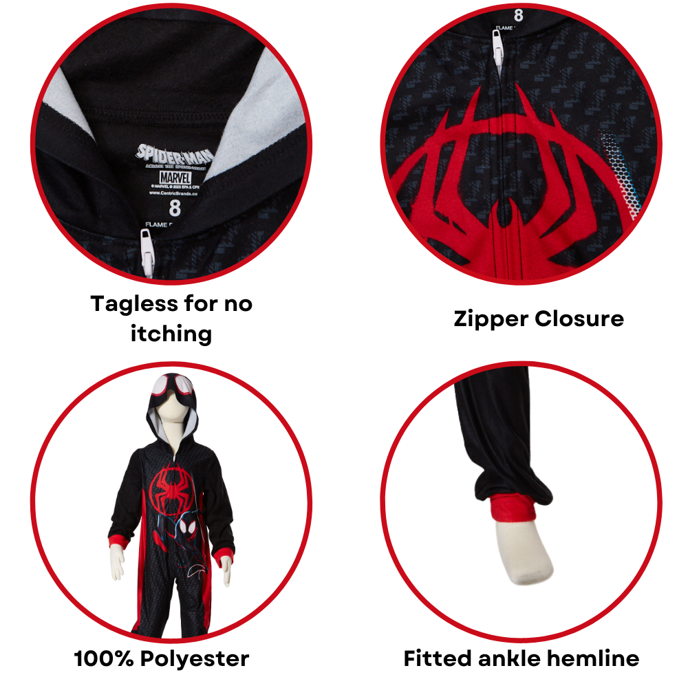 Marvel Spiderman Onesie Pajamas for Kids, Miles Morales Hooded Plush Spiderman Costume or Sleeper Zipper Front, Size 4