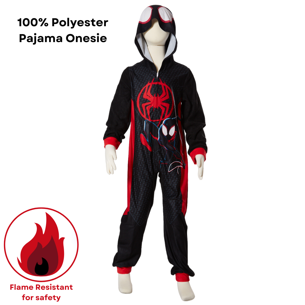 Marvel Spiderman Onesie Pajamas for Kids, Miles Morales Hooded Plush Spiderman Costume or Sleeper Zipper Front, Size 10