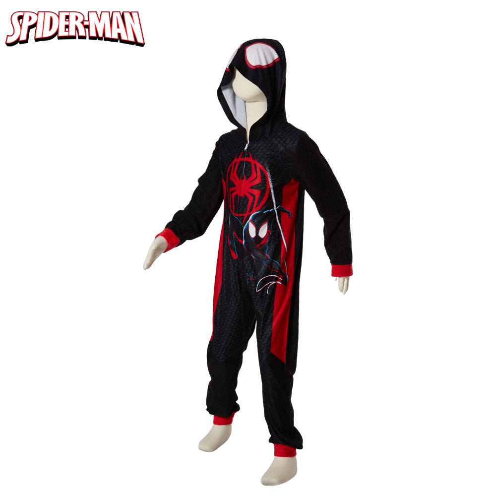 Marvel Spiderman Onesie Pajamas for Kids, Miles Morales Hooded Plush Spiderman Costume or Sleeper Zipper Front, Size 6