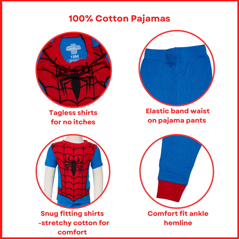 Marvel Spiderman Pajamas Set, 4 Piece Sleepwear for Toddlers and Little Kids, Size 18M Multi