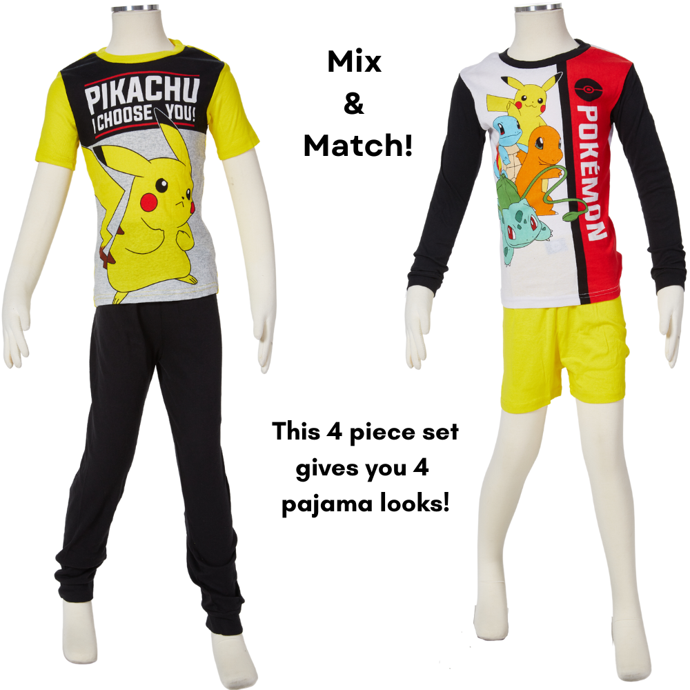 Pokemon Pajamas Set, 4 Piece Mix and Match Sleepwear for Kids, Size 8