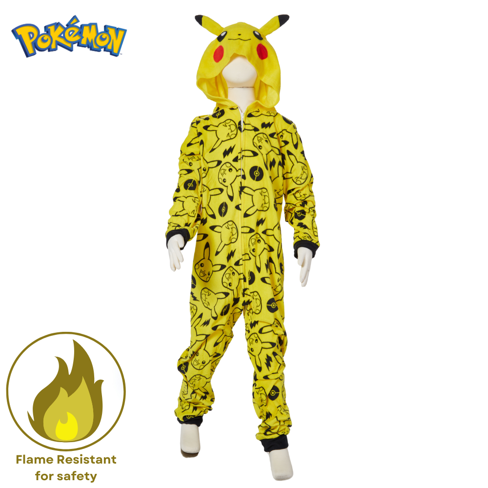 Pokemon Onesie Pajamas for Kids, Pikachu Hooded Plush Costume or Sleeper with Zipper Front, Size L