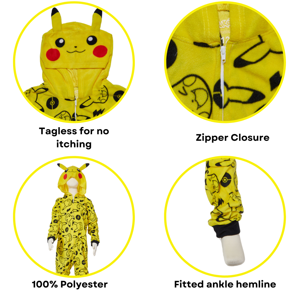 Pokemon Onesie Pajamas for Kids, Pikachu Hooded Plush Costume or Sleeper with Zipper Front, Size S