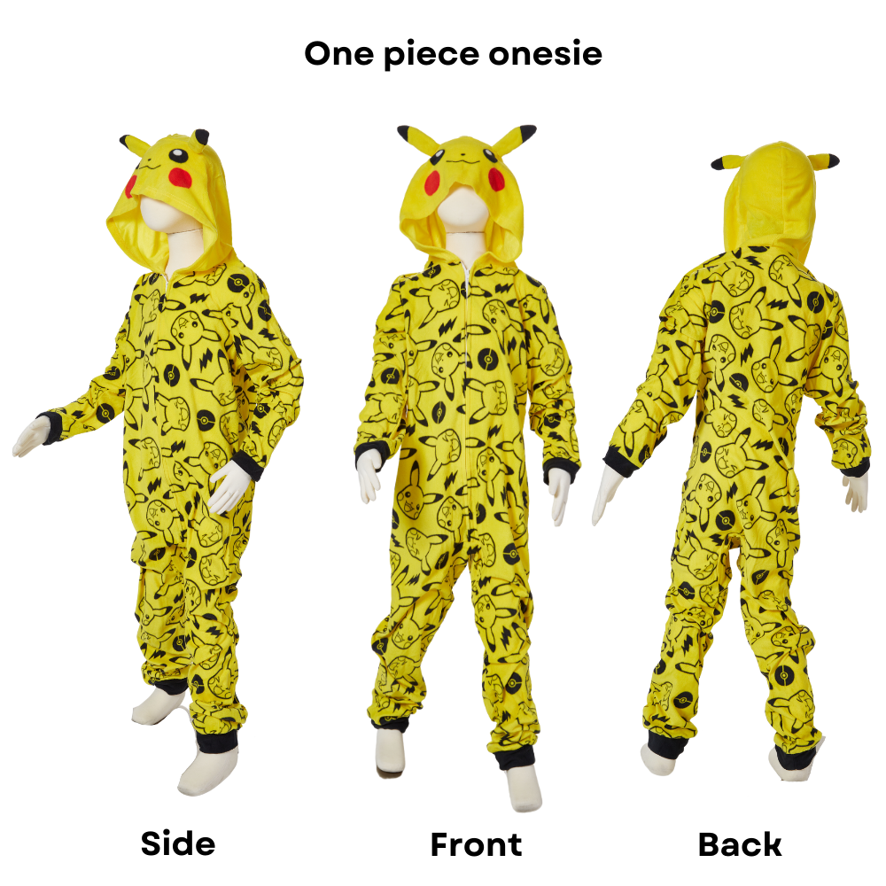 Pokemon Onesie Pajamas for Kids, Pikachu Hooded Plush Costume or Sleeper with Zipper Front, Size S