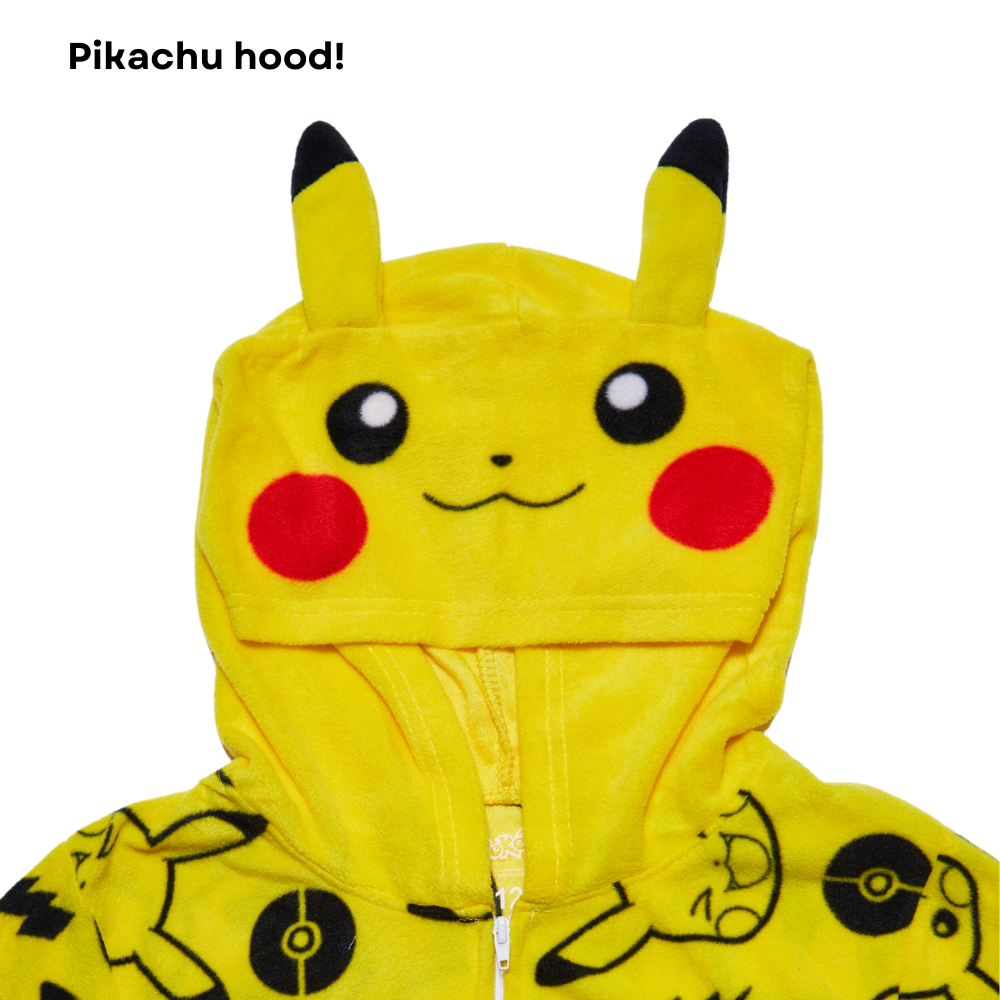 Pokemon Onesie Pajamas for Kids, Pikachu Hooded Plush Costume or Sleeper with Zipper Front, Size XS