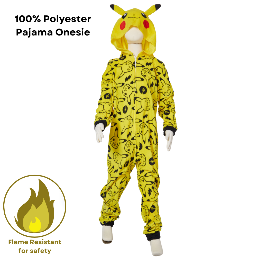 Pokemon Onesie Pajamas for Kids, Pikachu Hooded Plush Costume or Sleeper with Zipper Front, Size M