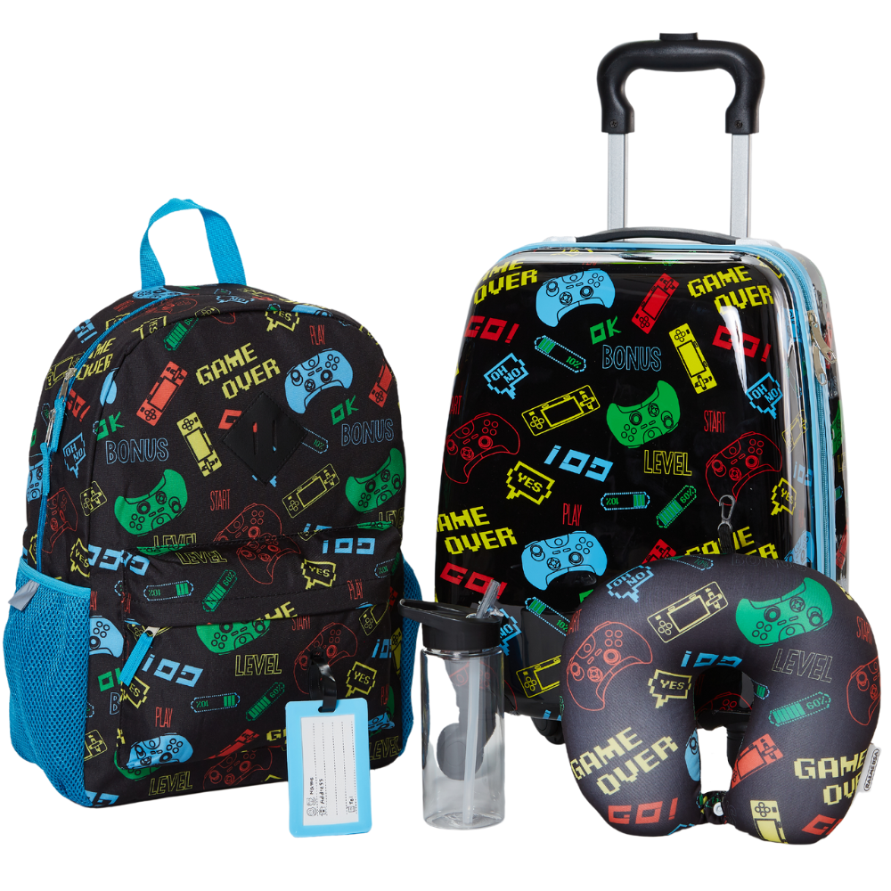 Boys’ Gaming Rolling Suitcase Set with Backpack, Neck Pillow, Water Bottle, and Luggage