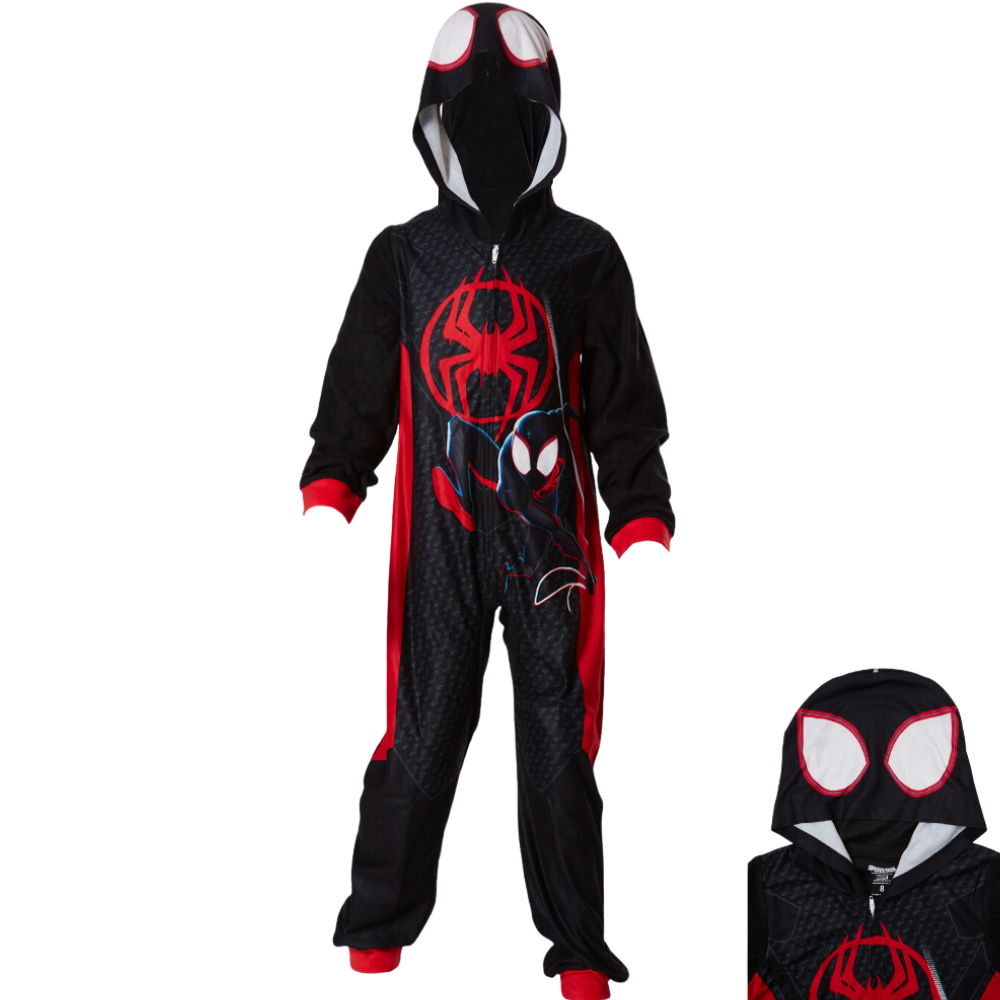 Marvel Spiderman Onesie Pajamas for Kids, Miles Morales Hooded Plush Spiderman Costume or Sleeper Zipper Front, Size 6