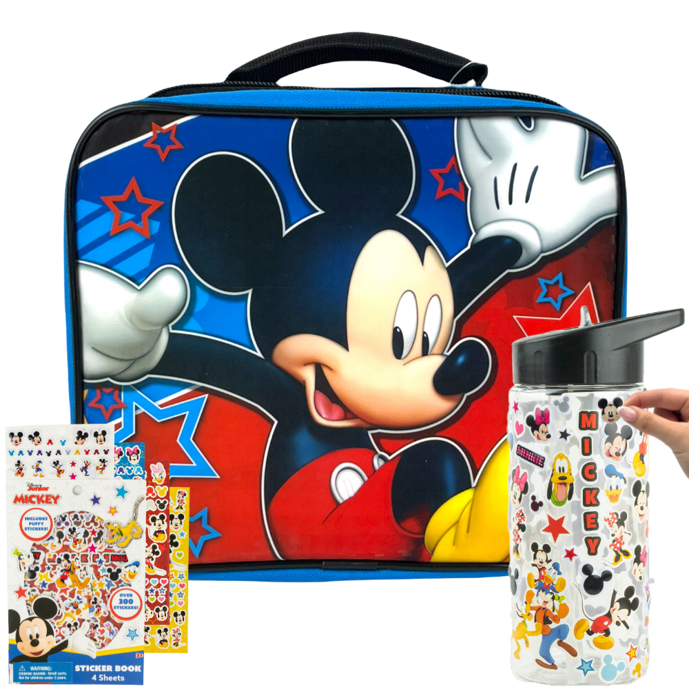 Disney Mickey Mouse Lunch Box with DIY Water Bottle Stickers - Kids Soft Insulated Lunch Bag for Kids