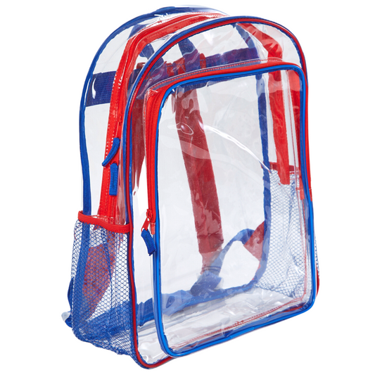 Red and Blue Clear Backpack for School, 16 inch Stadium Approved Transparent Bag