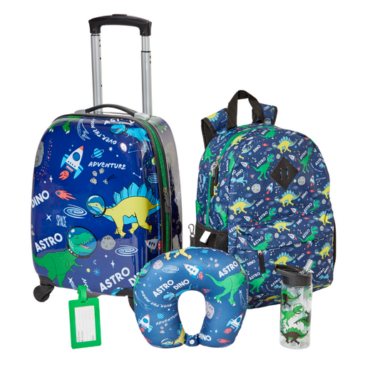 5 Pc. Boys Dinosaur Space Rolling Suitcase Set with Backpack, Neck Pillow, Water Bottle, and Luggage Tag
