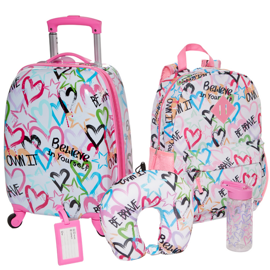 5 Pc. Girls Rolling Suitcase Set with Backpack, Neck Pillow, Water Bottle, and Luggage Tag