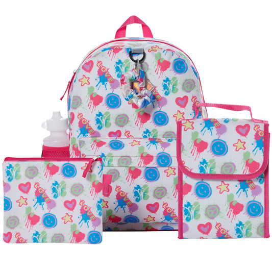 CLUB LIBBY LU Heart Love Peace Sign Graffiti Art Backpack Set for Girls, 16 inch, 6 Pieces - Includes Foldable Lunch Bag, Water Bottle, Scrunchie, & Pencil Case - White