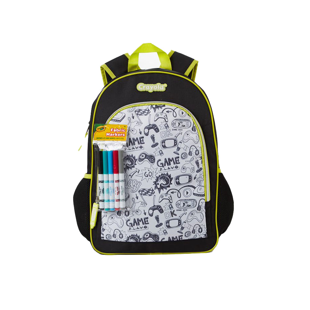 Crayola Color Your Own Gaming Backpack for Kids , 16 inch, Black and Neon