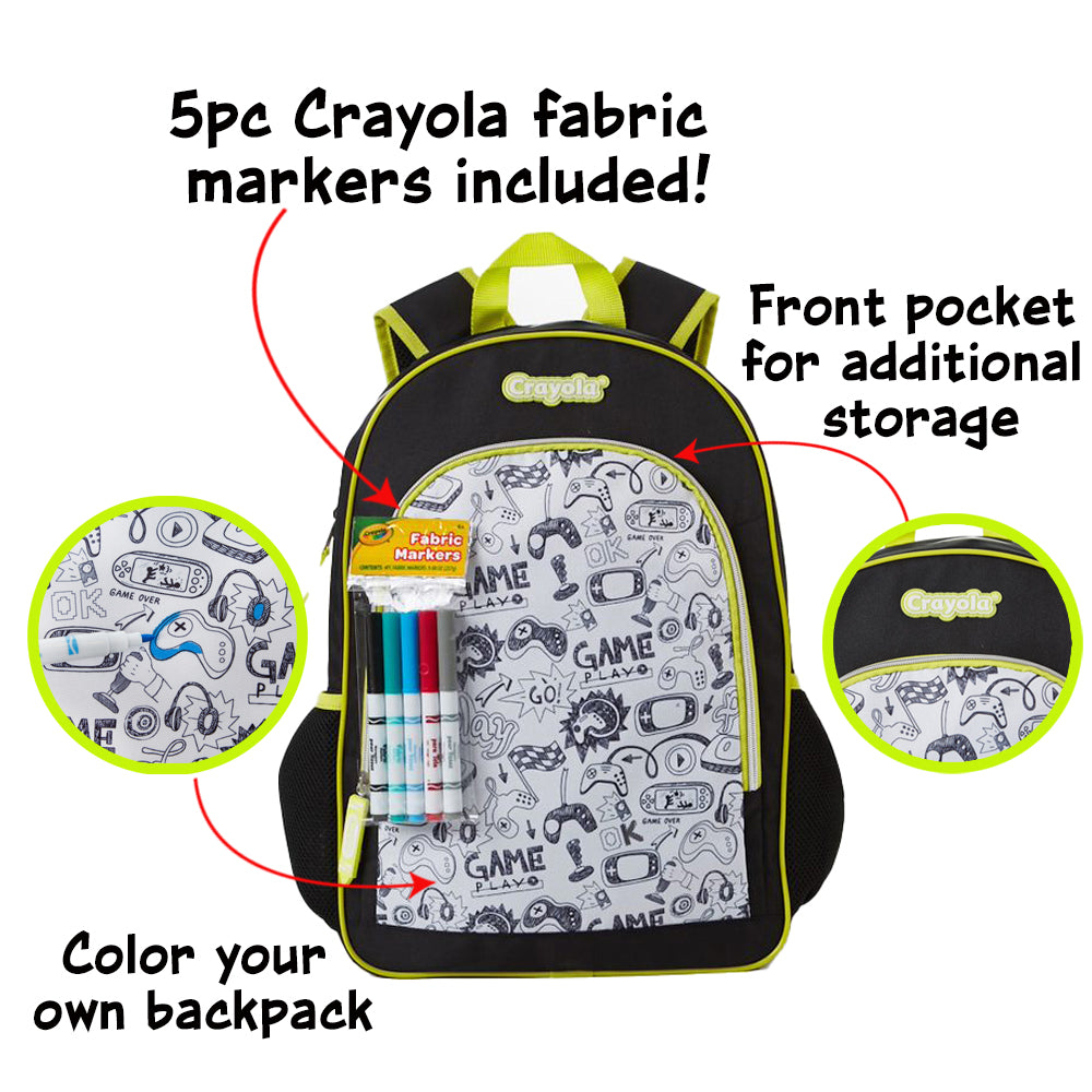 Crayola Color Your Own Gaming Backpack for Kids , 16 inch, Black and Neon