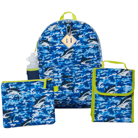RALME Ocean Blue Camo Shark Backpack Set for Boys, 16 inch, 6 Pieces - Includes Foldable Lunch Bag, Water Bottle, Key Chain, & Pencil CaseÉ