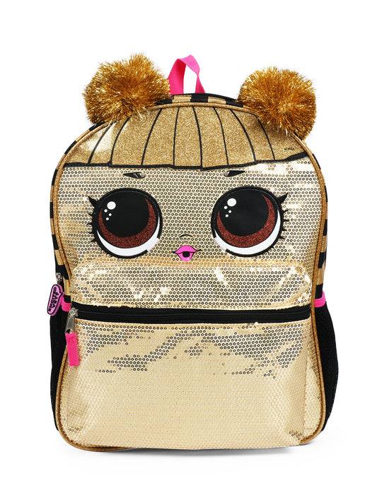 Queen Bee With Pom Hair 16 Inch Gold Sequin Backpack