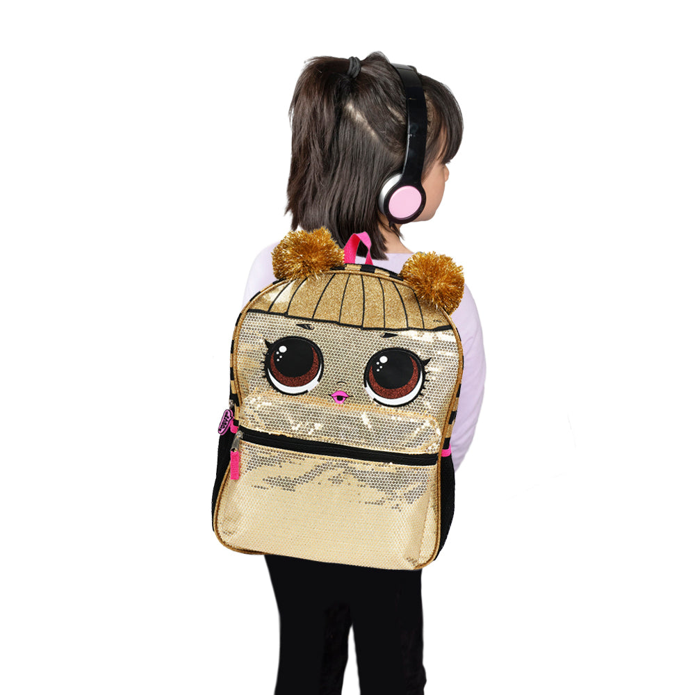 Queen Bee With Pom Hair 16 Inch Gold Sequin Backpack Beautiful sequin design and glitter foil detail Main zippered compartment with large front pocket and 2 mesh side pockets Adjustable padded back straps for comfort wear. Backpack size: 16” x 12” x 6”