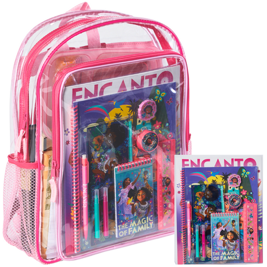 Large Clear Backpack for Kids with Disney Encanto School Supplies Set, 16 inch Stadium Approved Transparent Bag, Pink