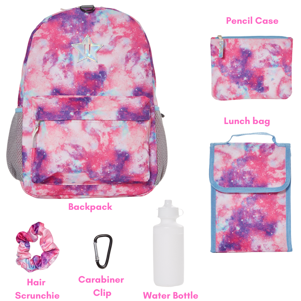 Pink Galaxy Backpack Set for Girls 16 inch 6 Pieces Includes Foldable Lunch Bag Water Bottle Scrunchie Pencil Case