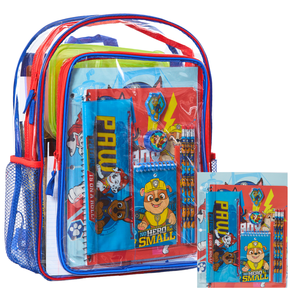 Large Clear Backpack for Kids with Nickelodeon Paw Patrol School Supplies Set, 16 inch Stadium Approved Transparent Bag, Red and Blue