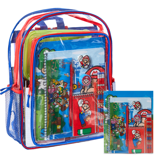 Large Clear Backpack for Kids with Super Mario Bros School Supplies Set, 16 inch Stadium Approved Transparent Bag, Red and Blue