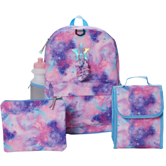 CLUB LIBBY LU Light Pink Galaxy Backpack Set for Girls, 16 inch, 6 Pieces - Includes Foldable Lunch Bag, Water Bottle, Scrunchie, & Pencil Case