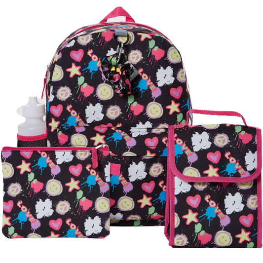 CLUB LIBBY LU Heart Love Peace Sign Graffiti Art Backpack Set for Girls, 16 inch, 6 Pieces - Includes Foldable Lunch Bag, Water Bottle, Scrunchie, & Pencil Case - Black