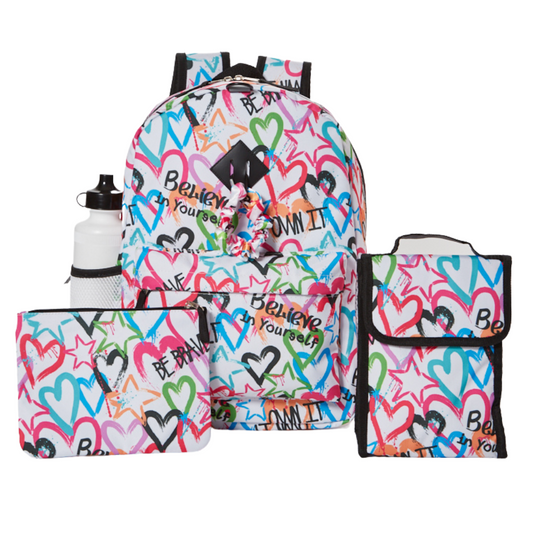 Heart Love Backpack Set for Girls, 16 inch, 6 Pieces - Includes Foldable Lunch Bag, Water Bottle, Scrunchie, & Pencil Case