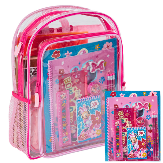 Disney Minnie Mouse School Supplies Set with Large Clear Backpack for Kids, 16 inch Stadium Approved Transparent Bag